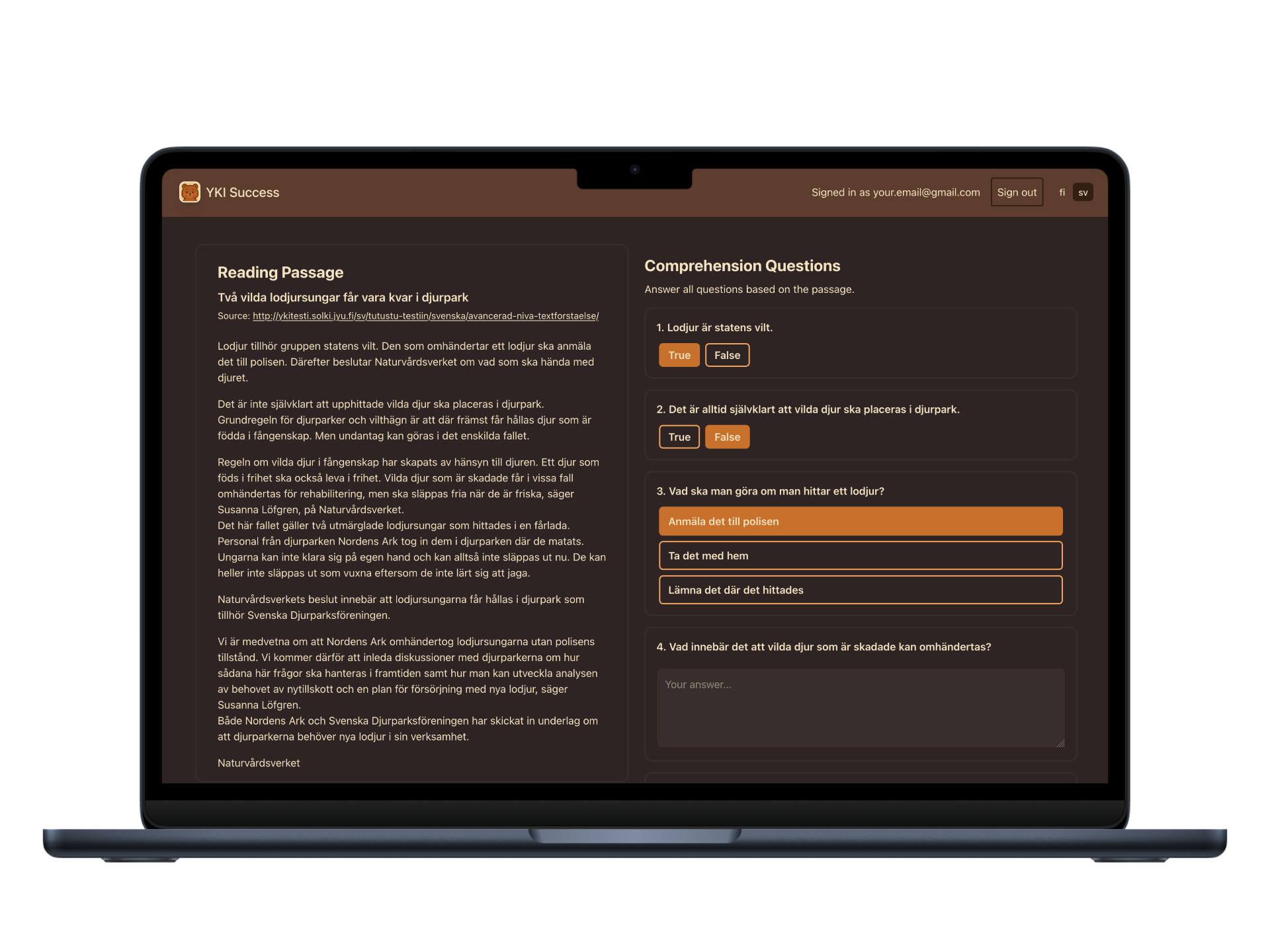 App showing a real text with comprehension questions